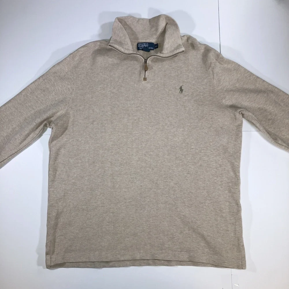 Polo Ralph Lauren Men's XL Oatmeal Cotton Knit 1/4 Zip Mock Neck Sweater